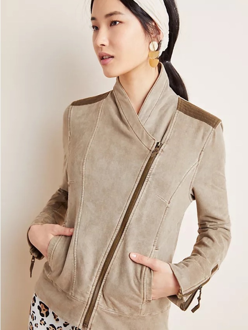 Anthropologie Women’s Suede Asymmetrical Zip Terry Jacket - Taupe